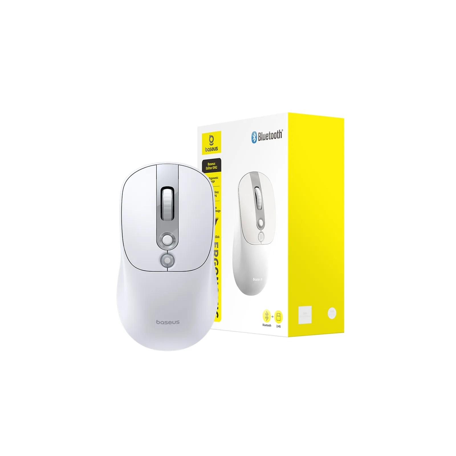 White Baseus Editor EM2 ergonomic wireless mouse with packaging