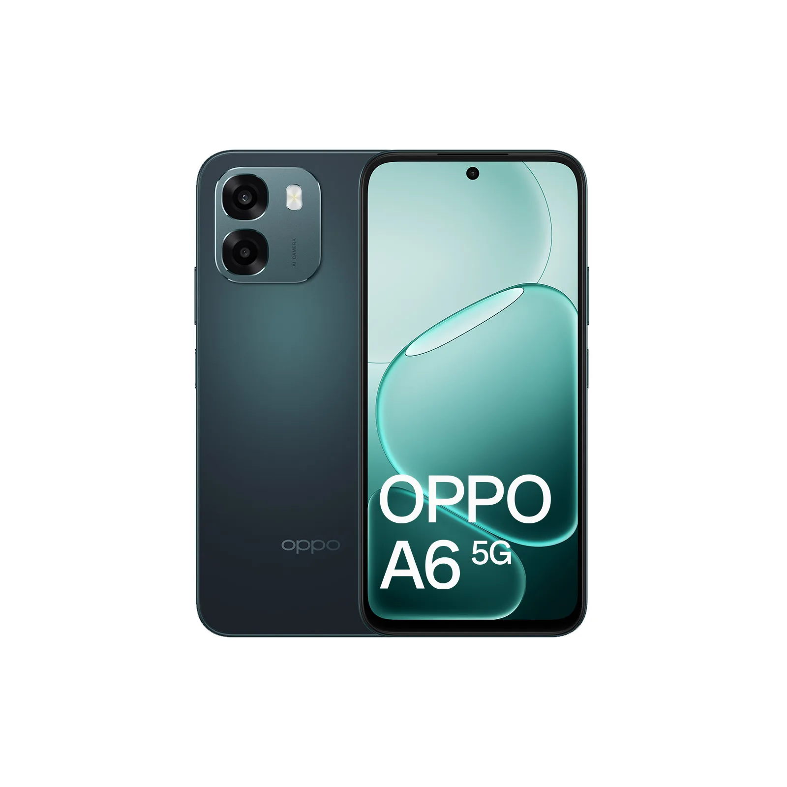 OPPO A6 5G smartphone in Sapphire Black, front and rear view