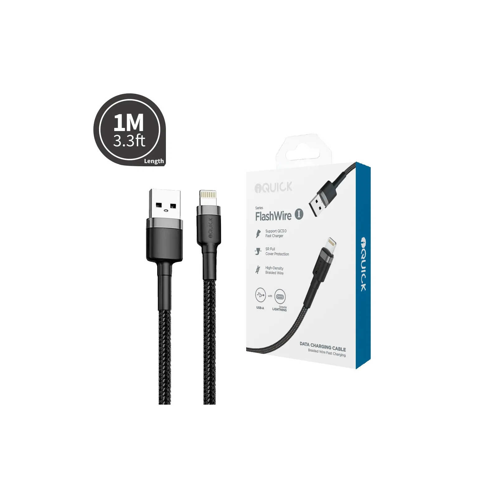 Black iQuick one-metre braided Lightning to USB-A cable with packaging